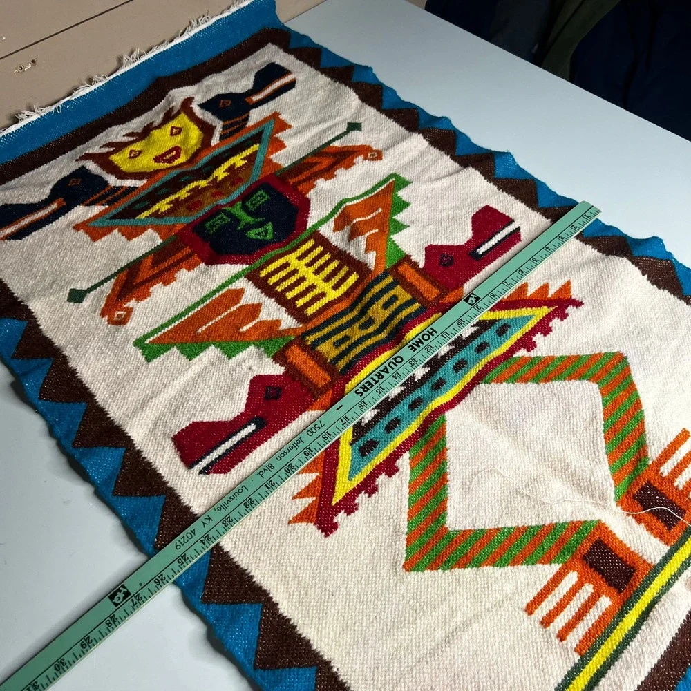 Vintage Handwoven Southwestern Wool Rug Tapestry Pictorial Geometric 35x18
